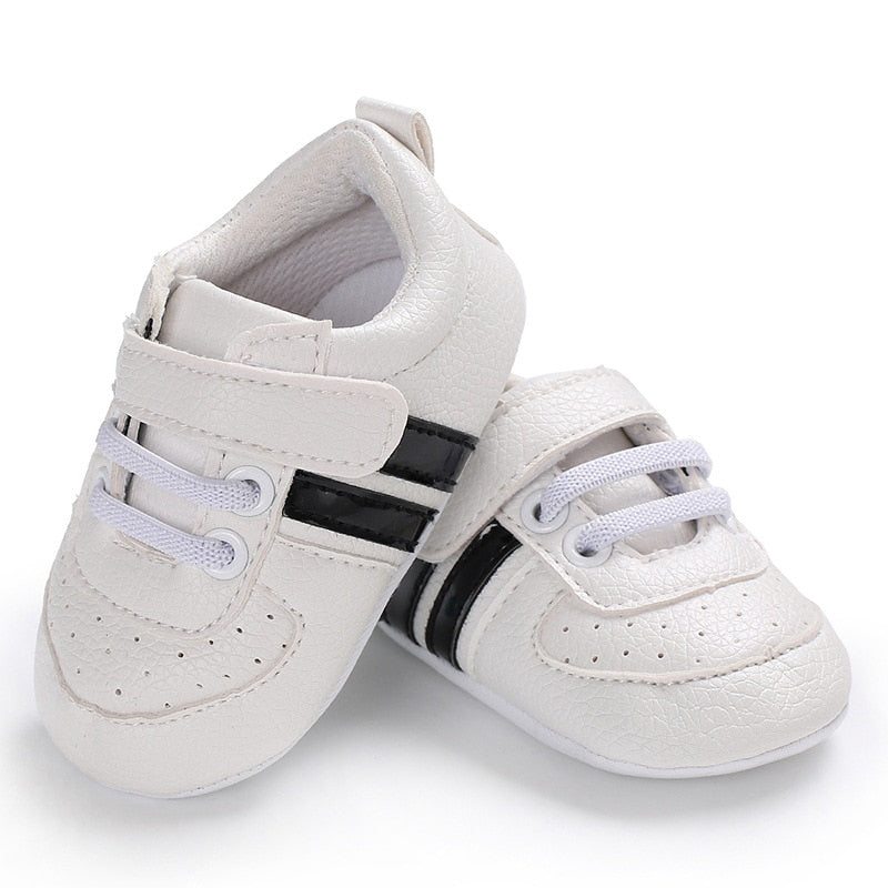 Baby Shoes Newborn Boys Sneaker Girls Two Striped First Walkers Kids Toddlers Lace Up PU Leather Soft Soles Sneakers 0-18 Months - Jeglowstore