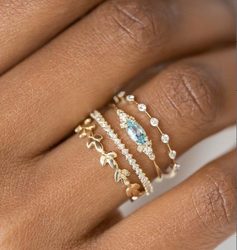 4 pcs/set Geometric Gold Color Combination Round Zircon Crystal Ring