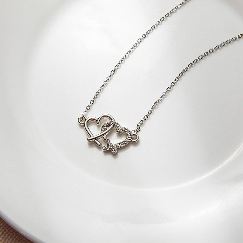 Shiny Bling Zircon Double Layer Heart Clavicle Chain Necklace