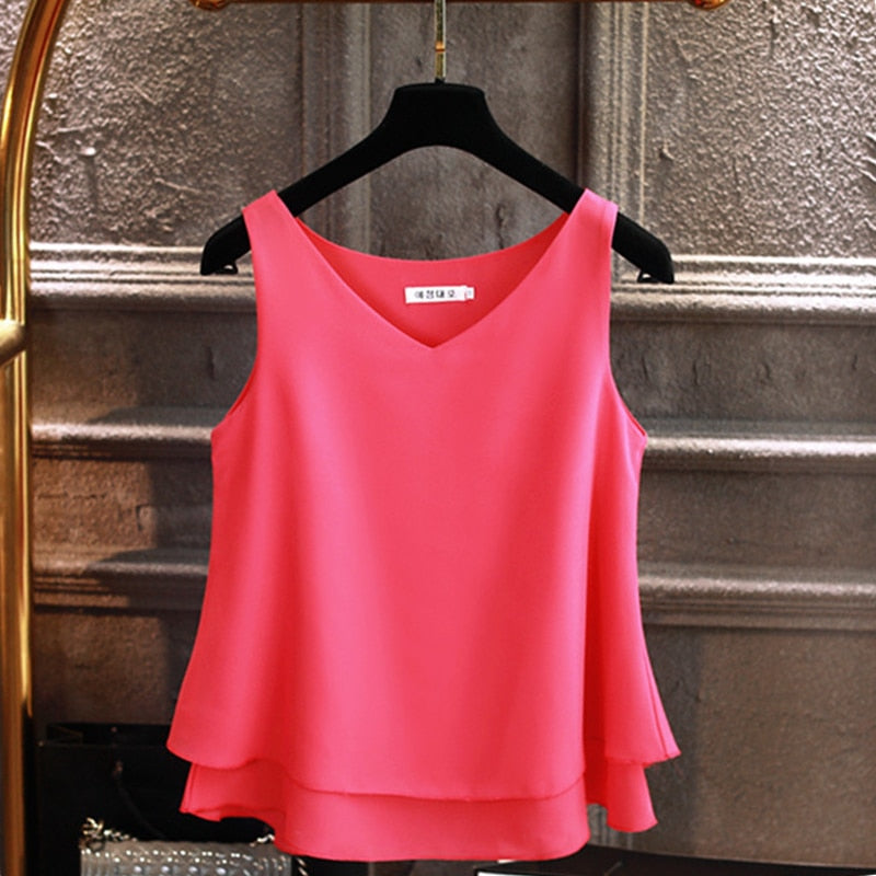 Somermoulose Chiffonhemp Soliede V-nek Informele bloes