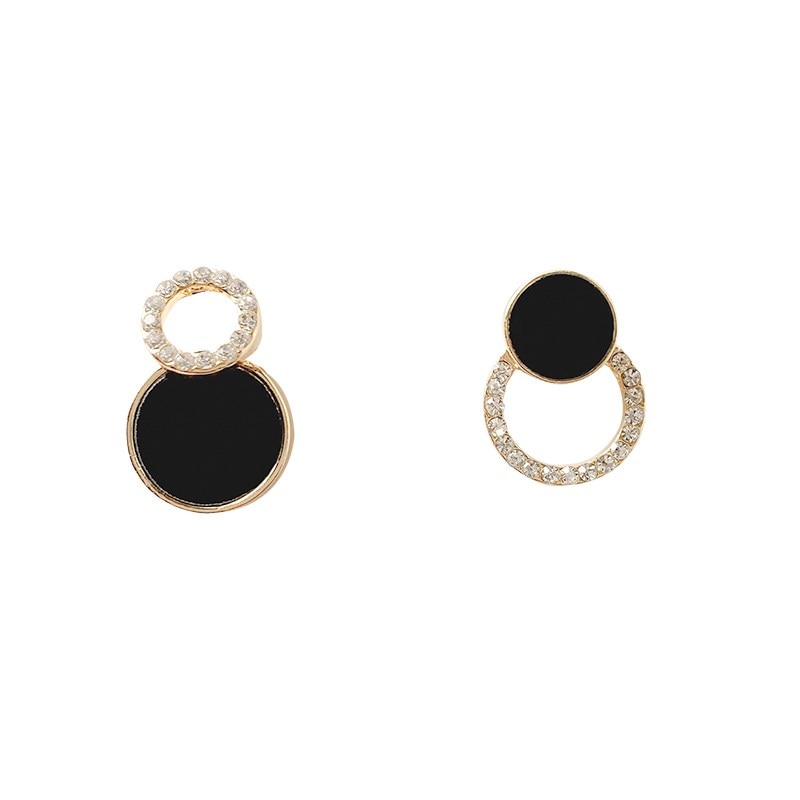 Long Statement Asymmetry Round Geometric Rectangle Black Crystal Earrings