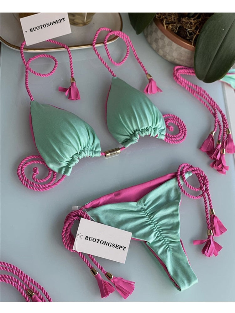 RUOTONGSEPT Triangle Bandage Swimwear Thong Bikini Set