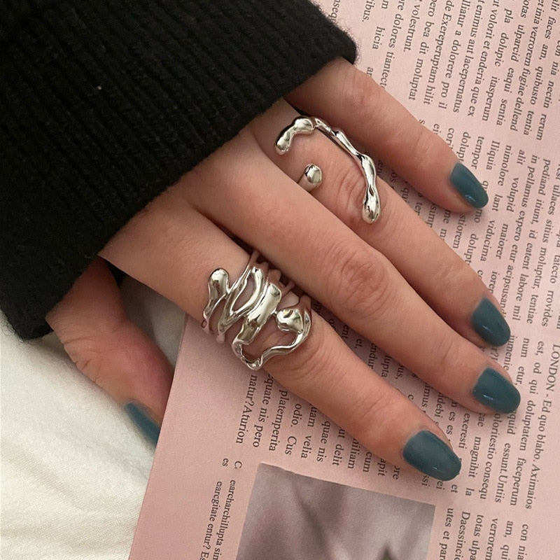 2023 New Arrival Irregular Hollow Silver Color Wide Ring Female Fashion Retro Unique Design Handmade Jewelry Gifts