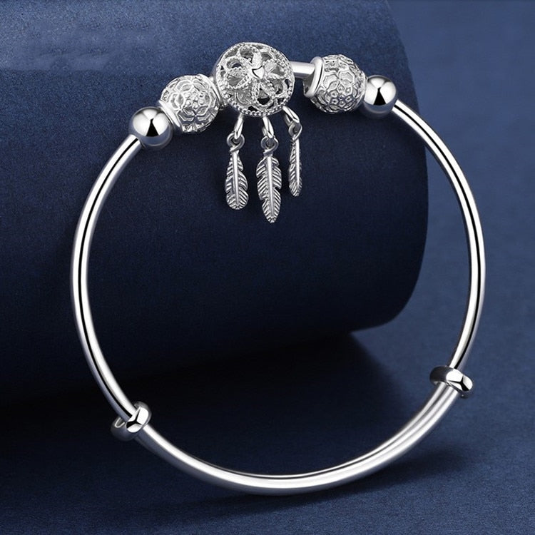 925 Sterling Silver Dreamcatcher Tassel Feather lucky Bead Bracelet