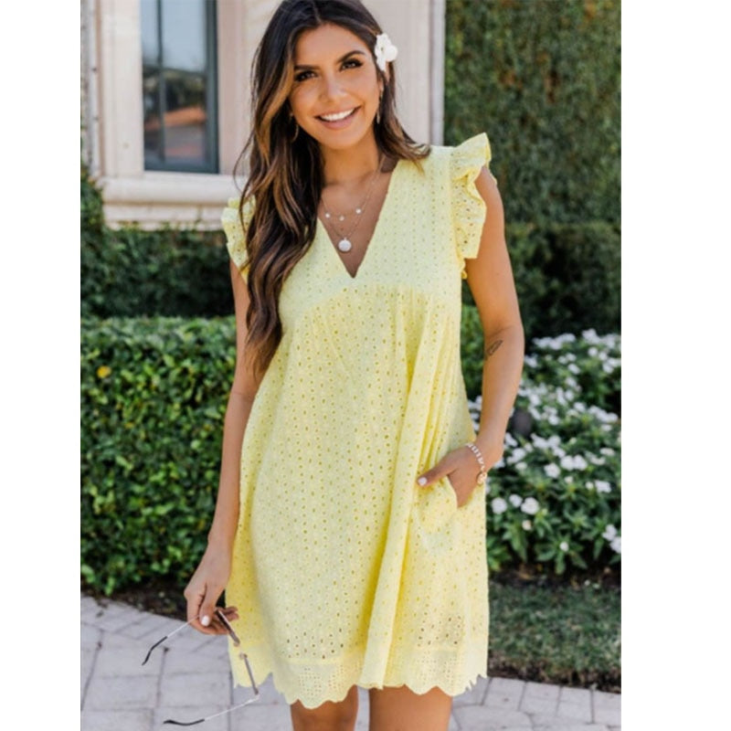 V-neck Summer Short Sleeve Lace Dress Hollow Casual Dress