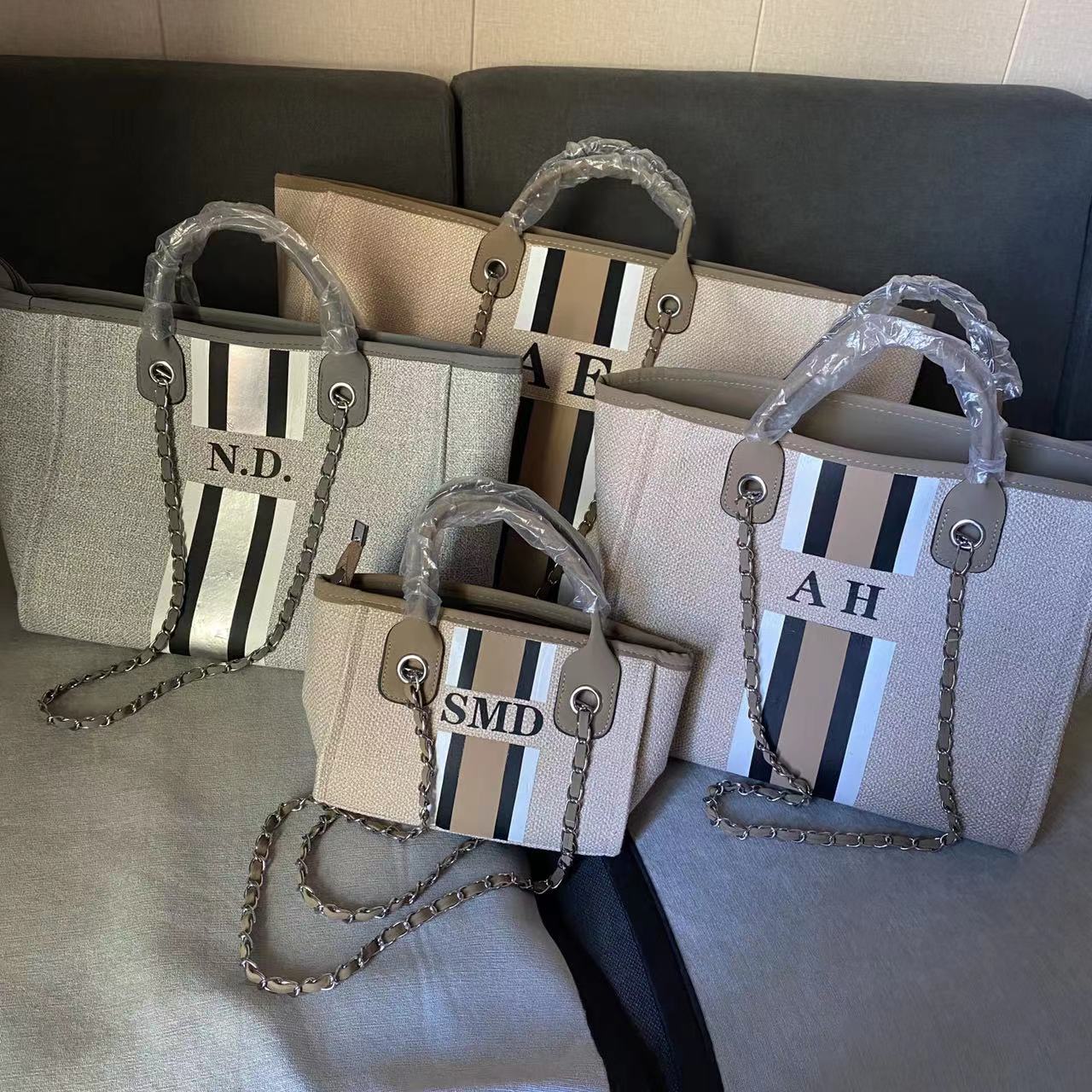 Customised Chain Handbag White Stripe Initials Canvas Tote Bag - Jeglowstore