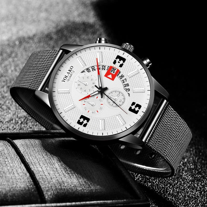 Mens Fashion Stainless Steel Mesh Belt Quartz Wrist Watch