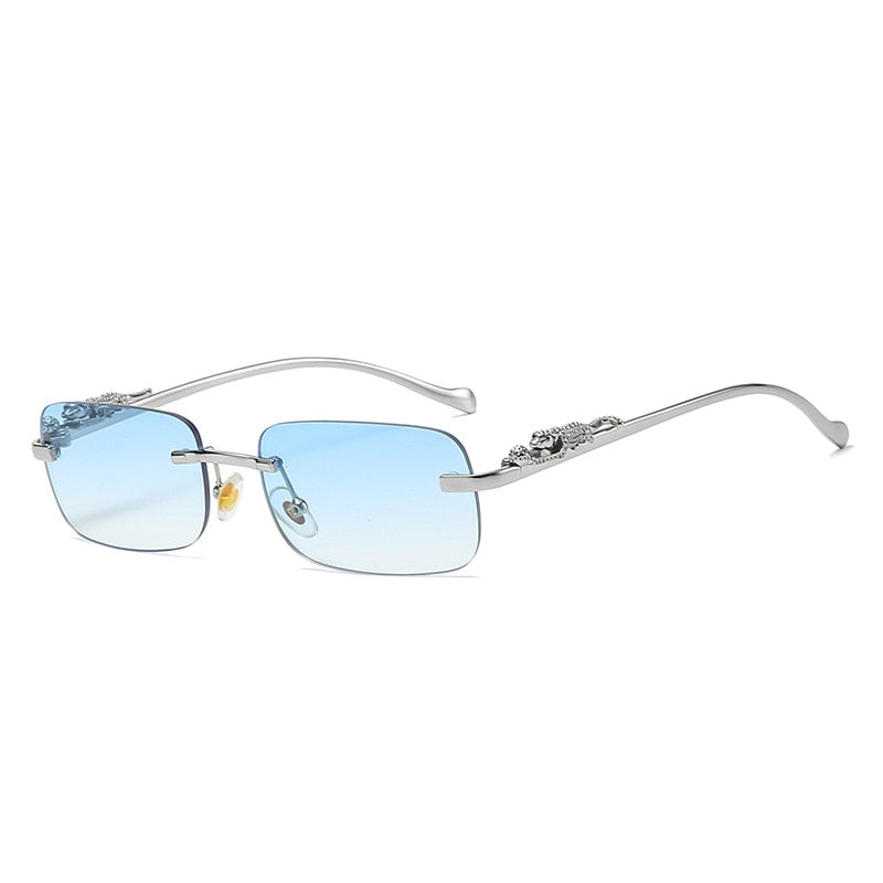 New Rimless Rectangle Vintage Metal Leopard Head Sunglasses