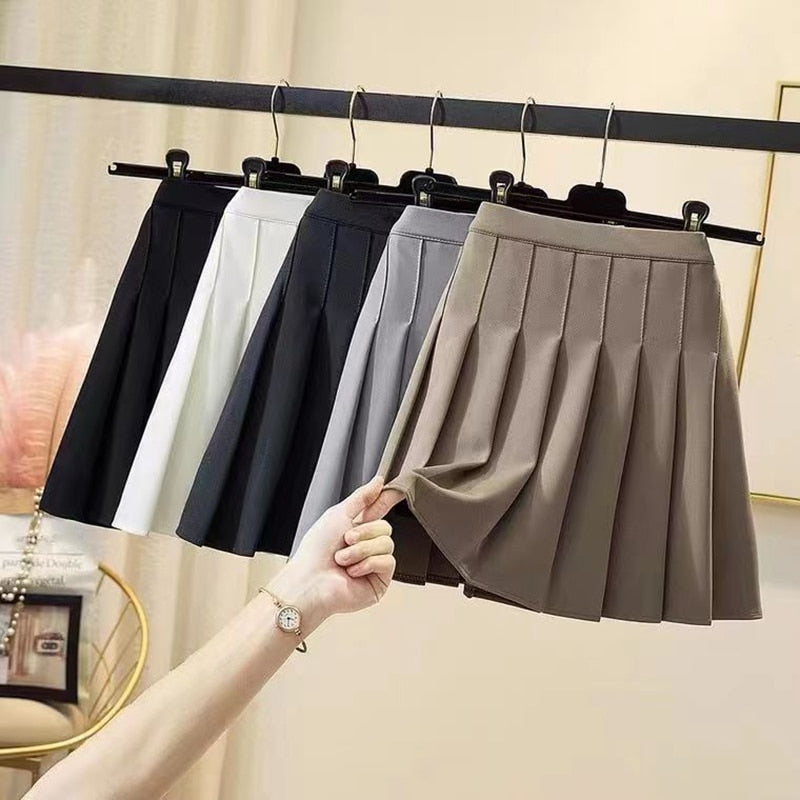 Lucyever Solid Color Pleated High Waist Preppy Style Skirt