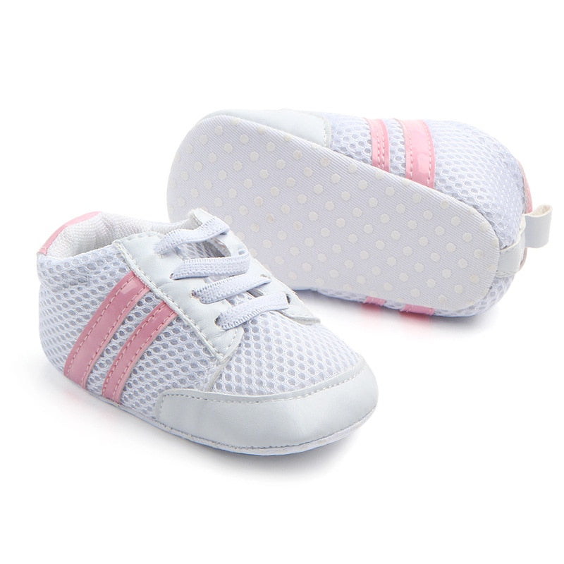 Baby Shoes Newborn Boys Sneaker Girls Two Striped First Walkers Kids Toddlers Lace Up PU Leather Soft Soles Sneakers 0-18 Months - Jeglowstore