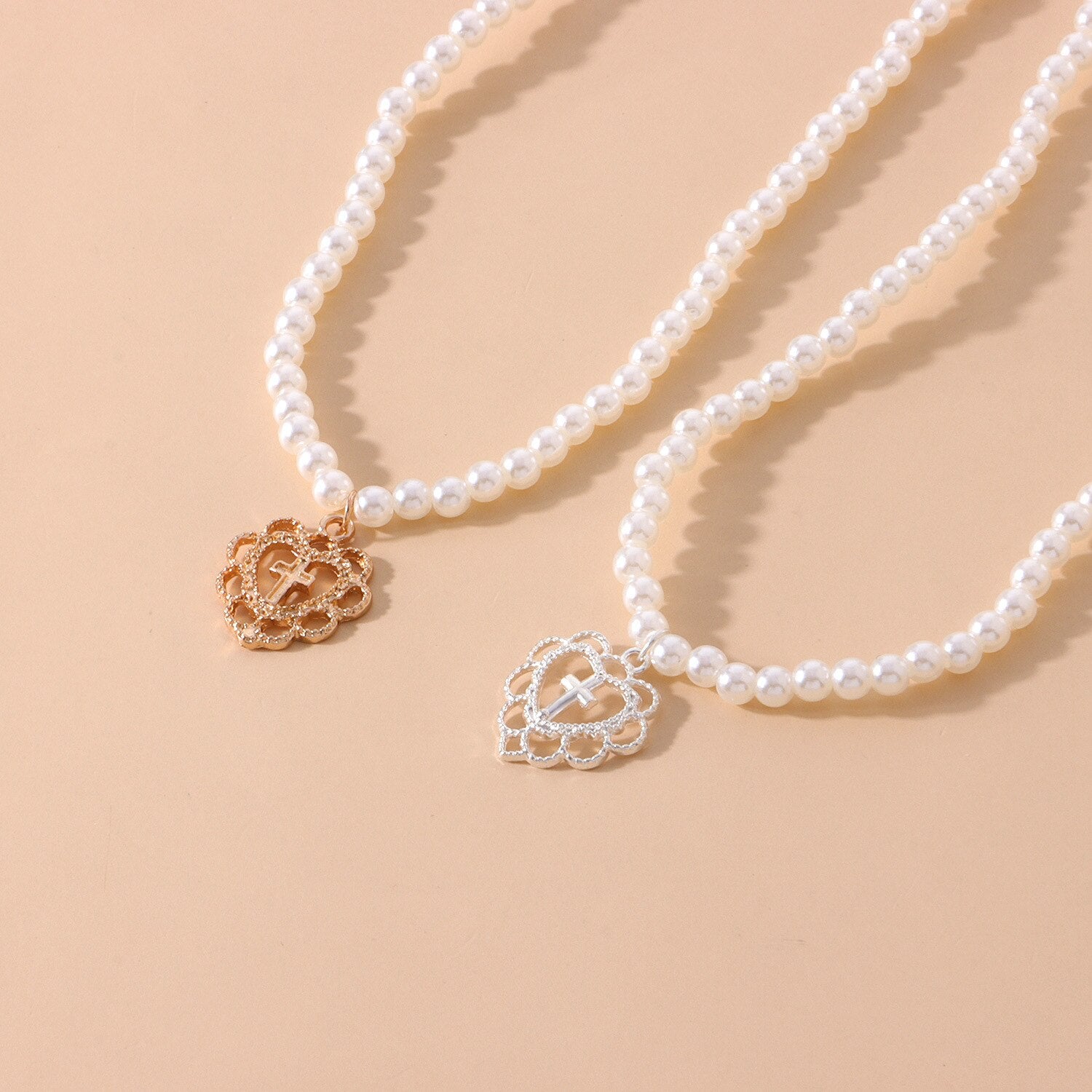 Retro Girl Hollow Love Cross Pendant Pearl Necklace