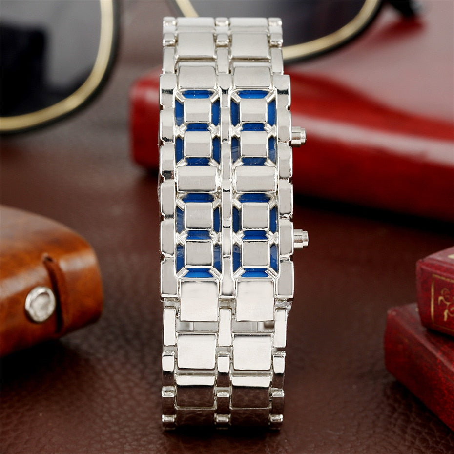Black Full Metal Digital Lava Wrist Watch Men Red/Blue LED Display