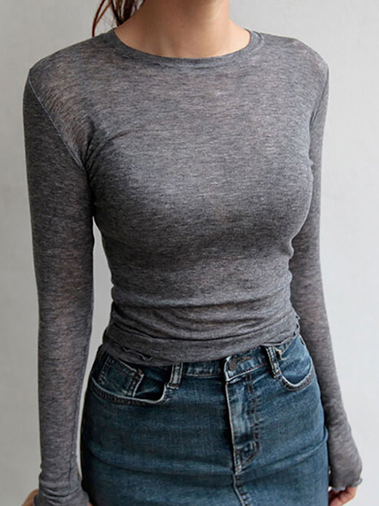 Slim hoë kwaliteit langmou sexy dun T-hemp sien deur