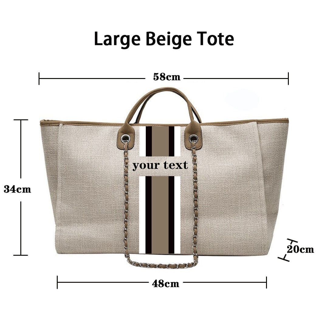 Customised Chain Handbag White Stripe Initials Canvas Tote Bag - Jeglowstore