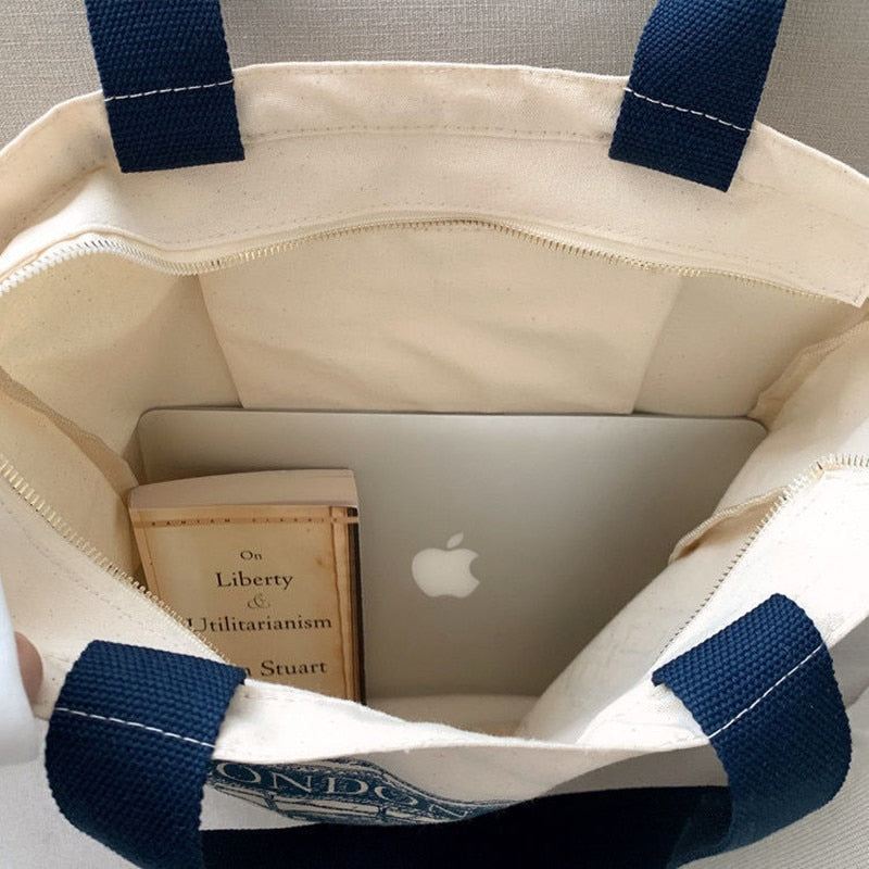 Women Canvas London Books Print Reusable Large Capacity Cotton Bag