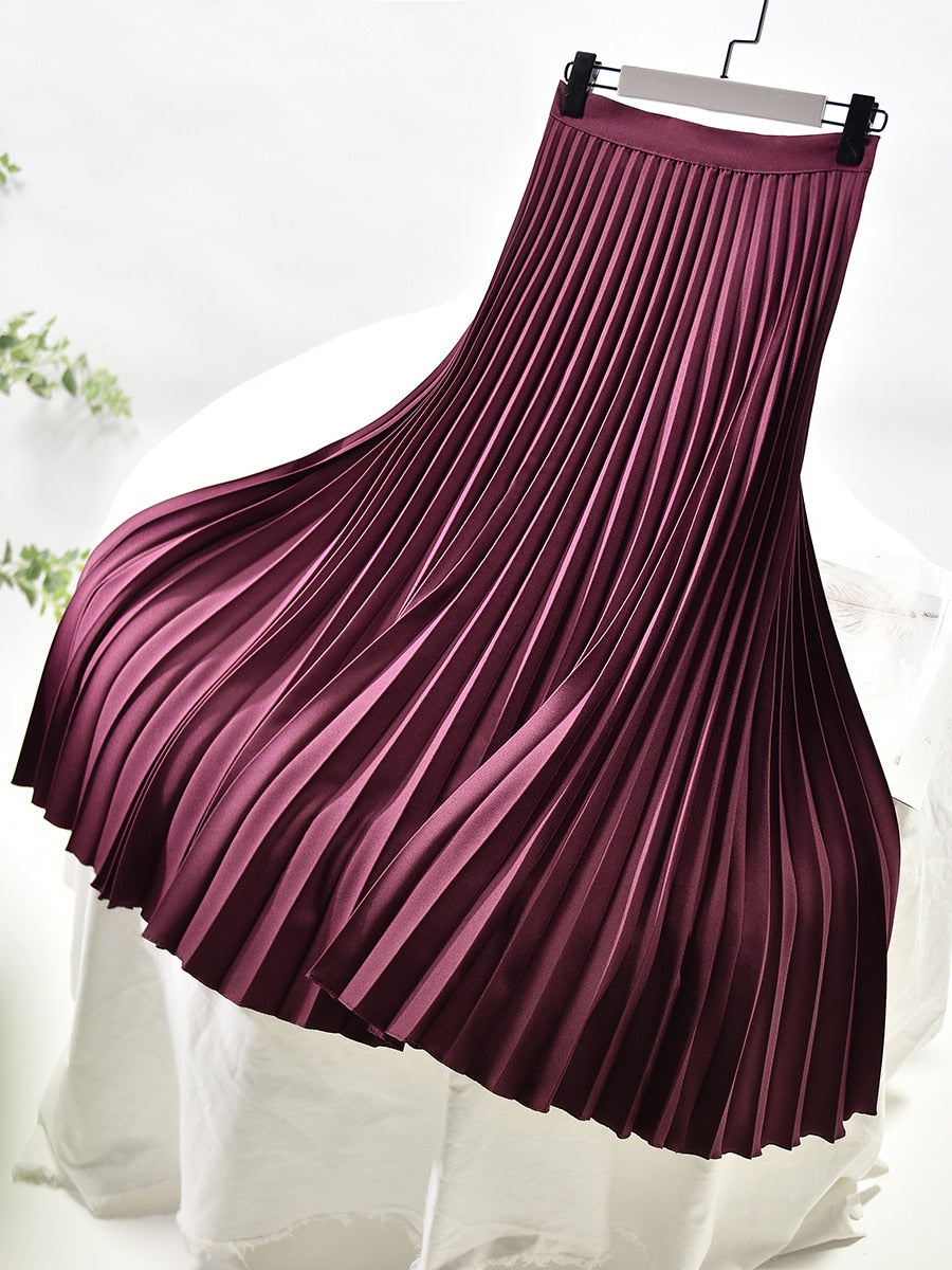 Elegant Chic Solid Pleated High Waist Skirt