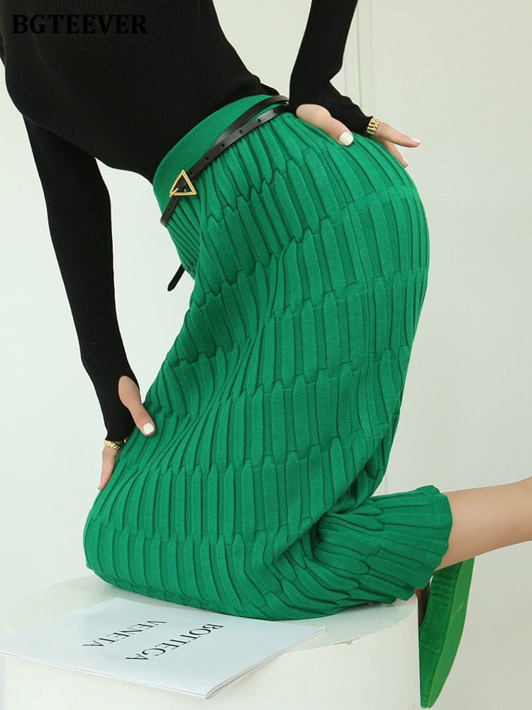 BGTEEVER Elegant High Waist Slim Fit Zipper Mid-Calf Wrapped Knitted Skirt