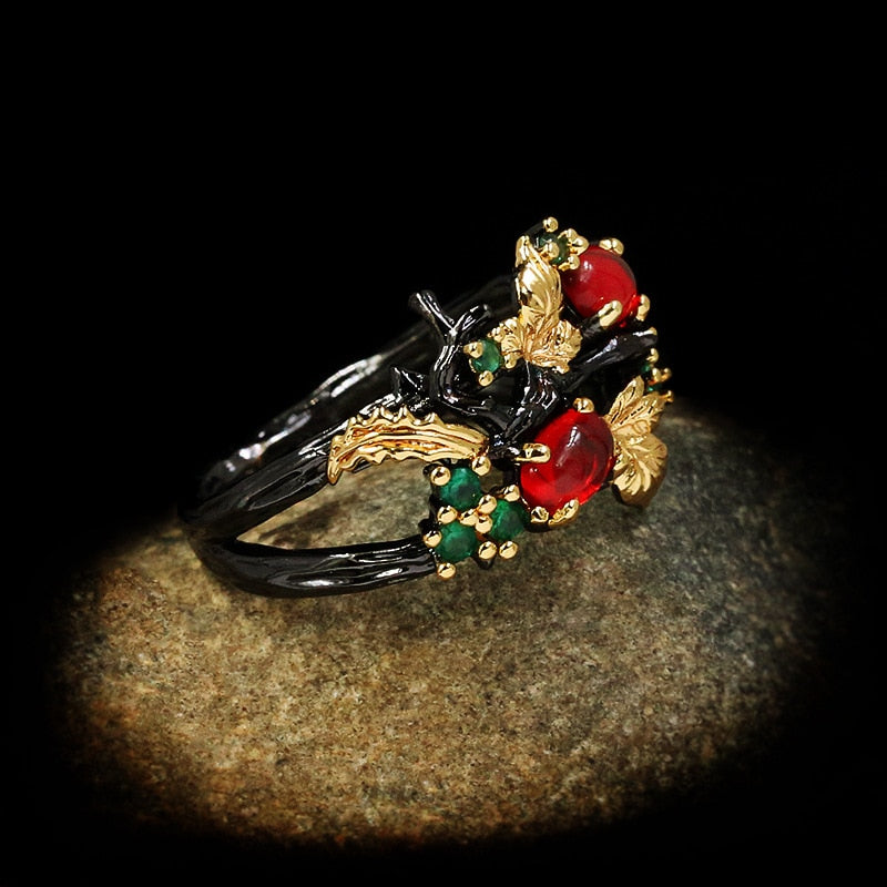 New Exquisite Leaf Flower Color Zircon Ladies Women's Ring Jewelry Black Gold Two-color Red Zircon Ring Ladies Ring