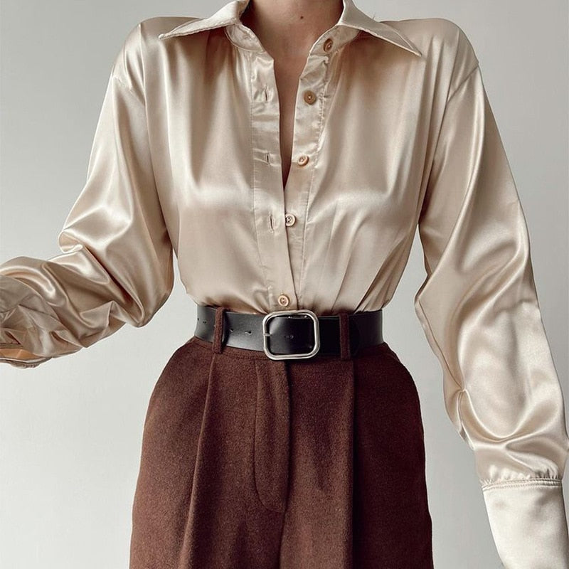 Vintage Elegant Satin Silk Shirt Long Sleeve Blouse