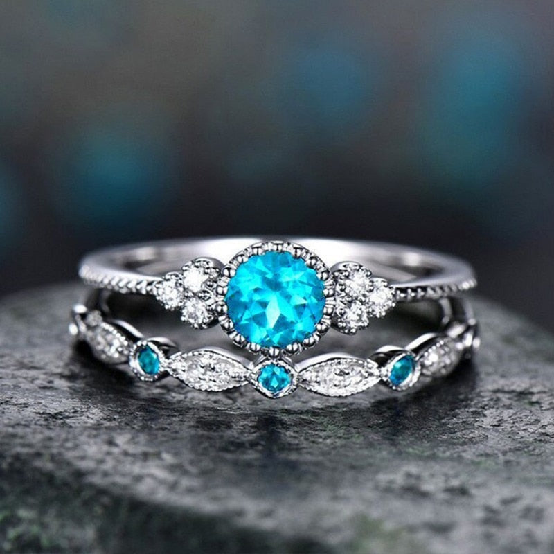 2Pcs/Set Classic Silver Plated Cut Created Birthstone Delicate Ring