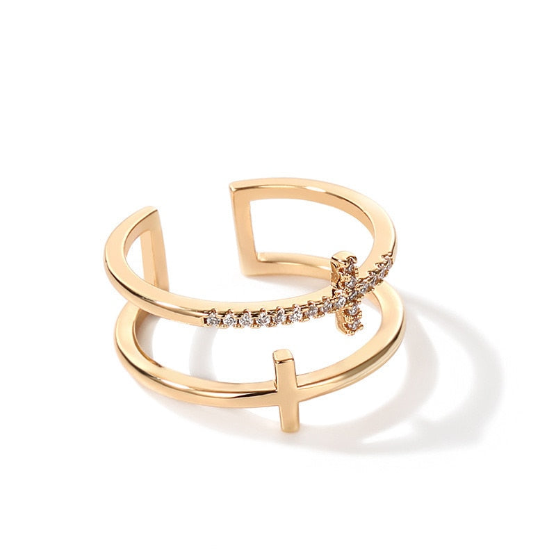 Silver Color Double Cross Flashing Zircon Open Ring
