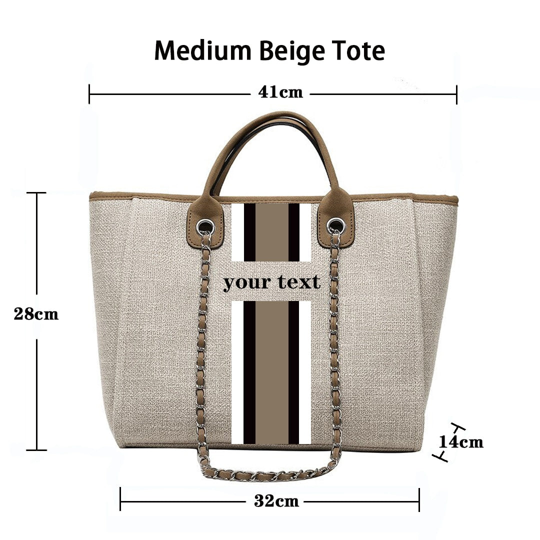 Customised Chain Handbag White Stripe Initials Canvas Tote Bag - Jeglowstore