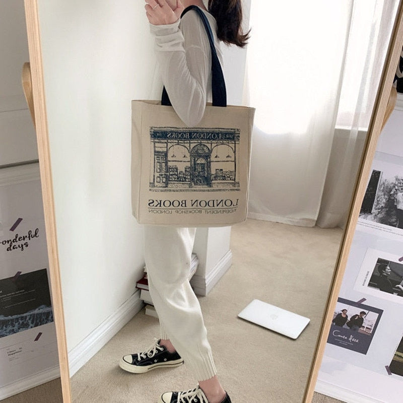 Women Canvas London Books Print Reusable Large Capacity Cotton Bag