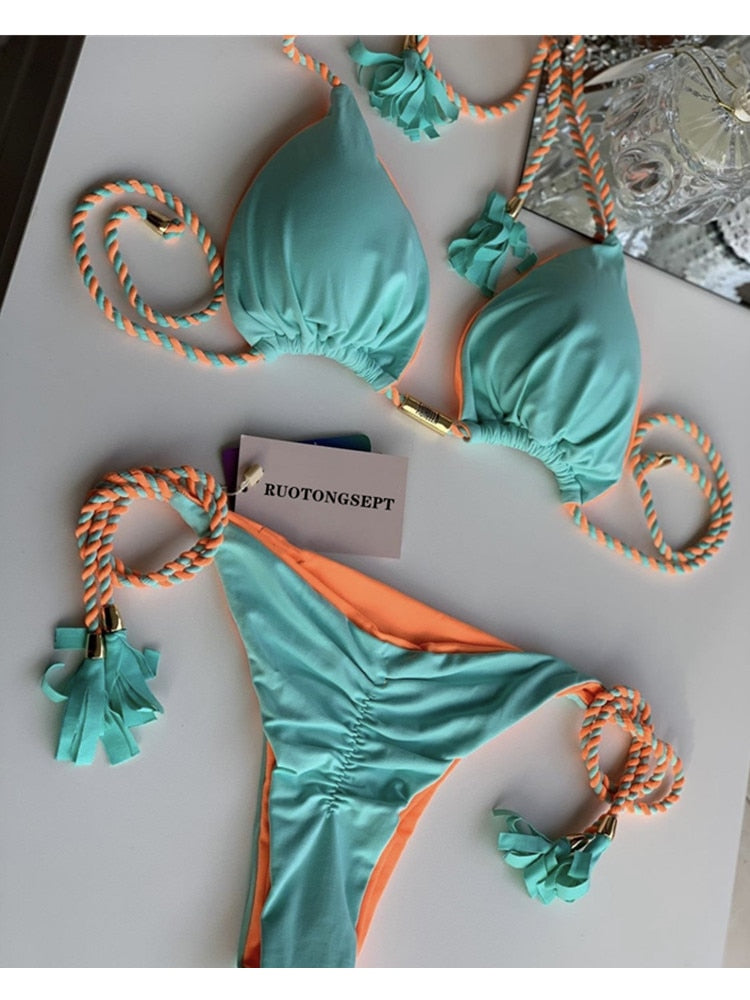 RUOTONGSEPT Triangle Bandage Swimwear Thong Bikini Set