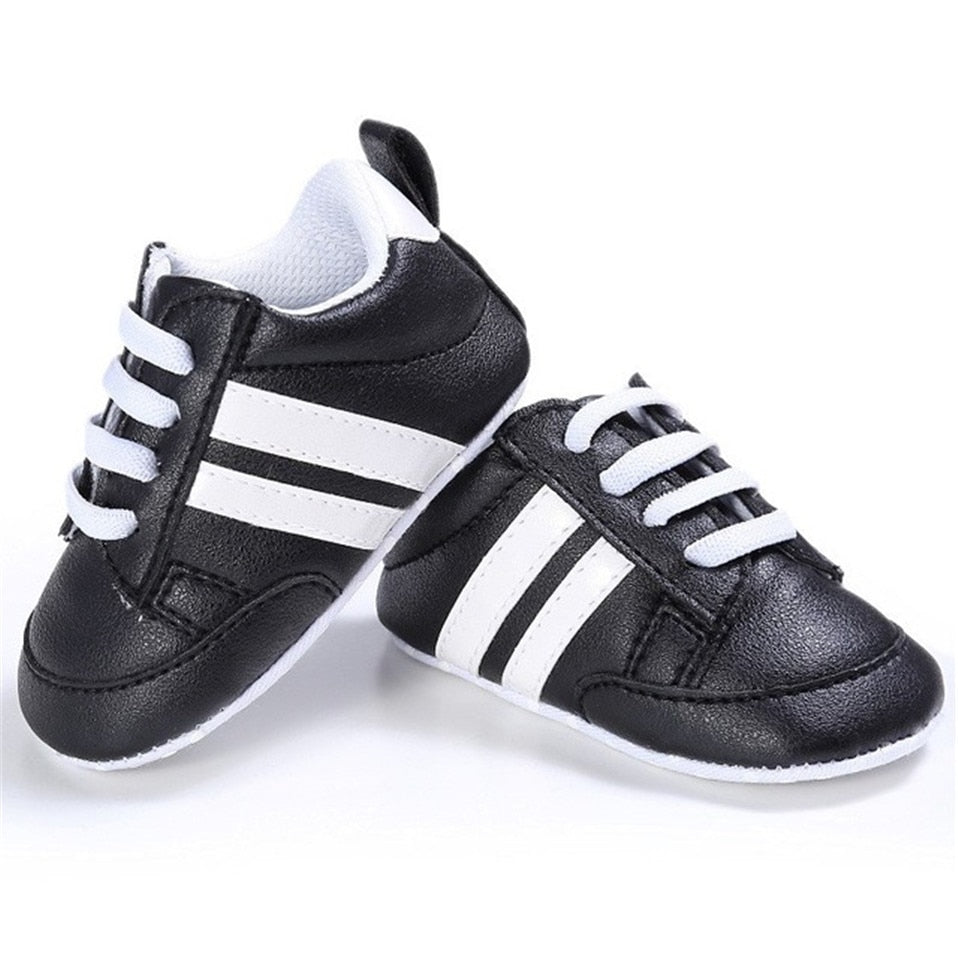 Baby Shoes Newborn Boys Sneaker Girls Two Striped First Walkers Kids Toddlers Lace Up PU Leather Soft Soles Sneakers 0-18 Months - Jeglowstore