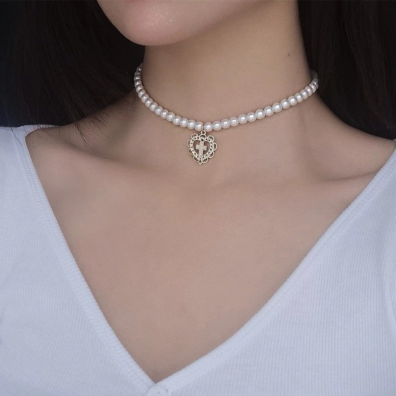 Retro Girl Hollow Love Cross Pendant Pearl Necklace