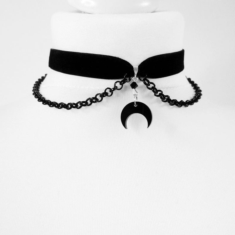Goth Dainty Chain Crescent Moon and Stars Choker Witch Necklace