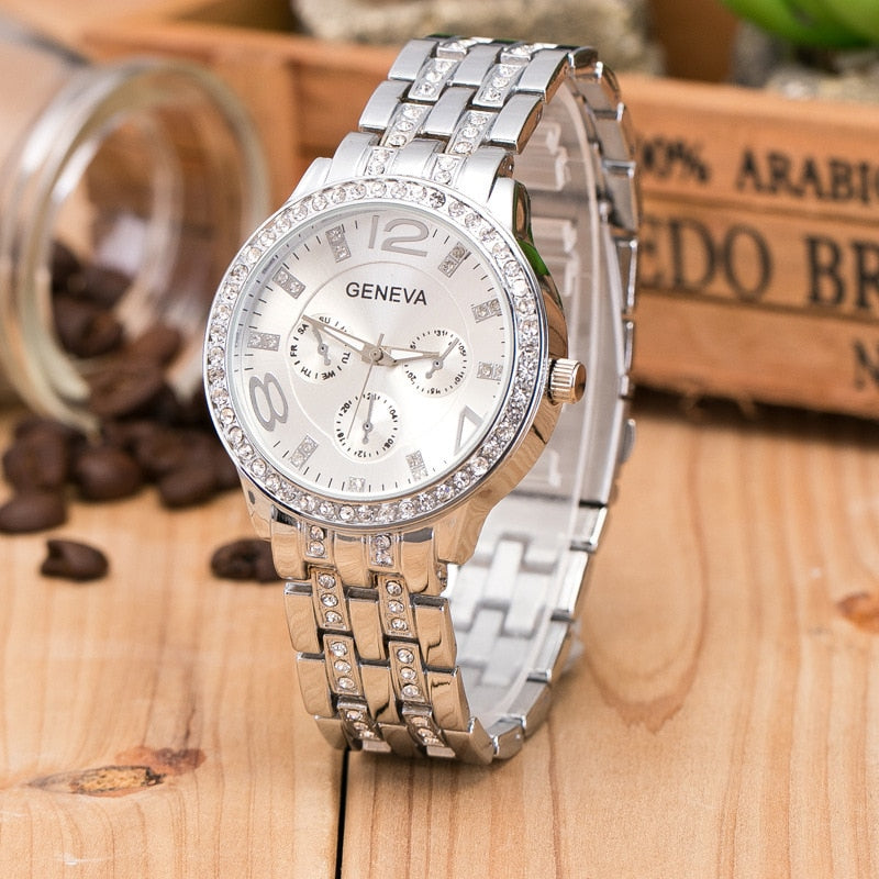 Luxury Geneva Brand Women Gold Stainless Steel Quartz Watch