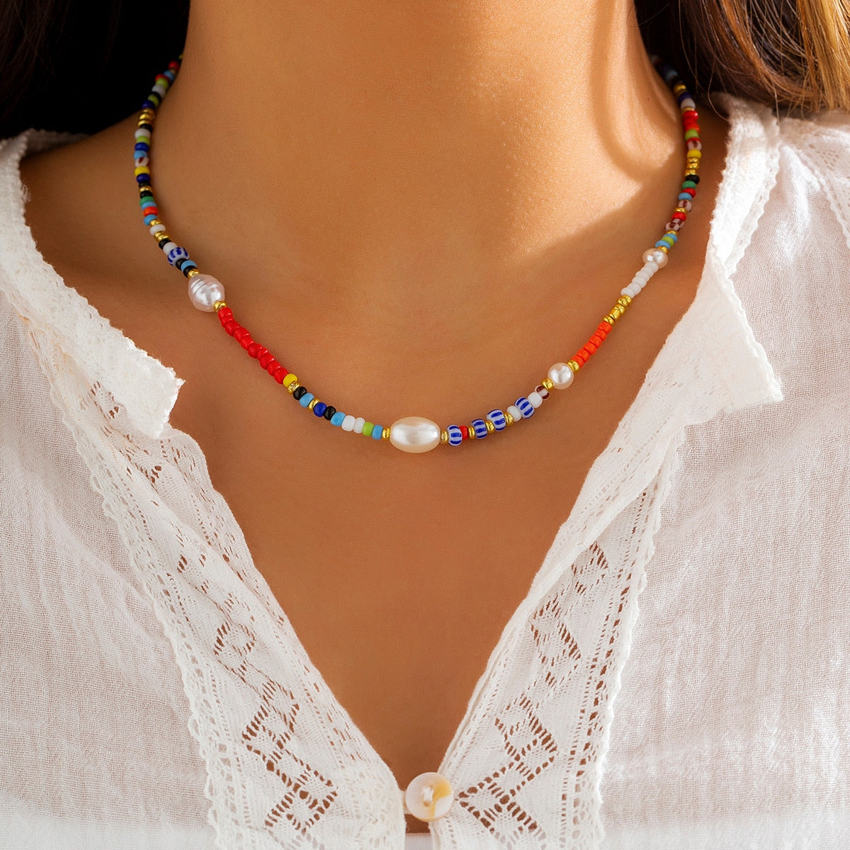 Salircon Trend Bohemia Rainbow Color Seed Beads Chain Choker Necklace