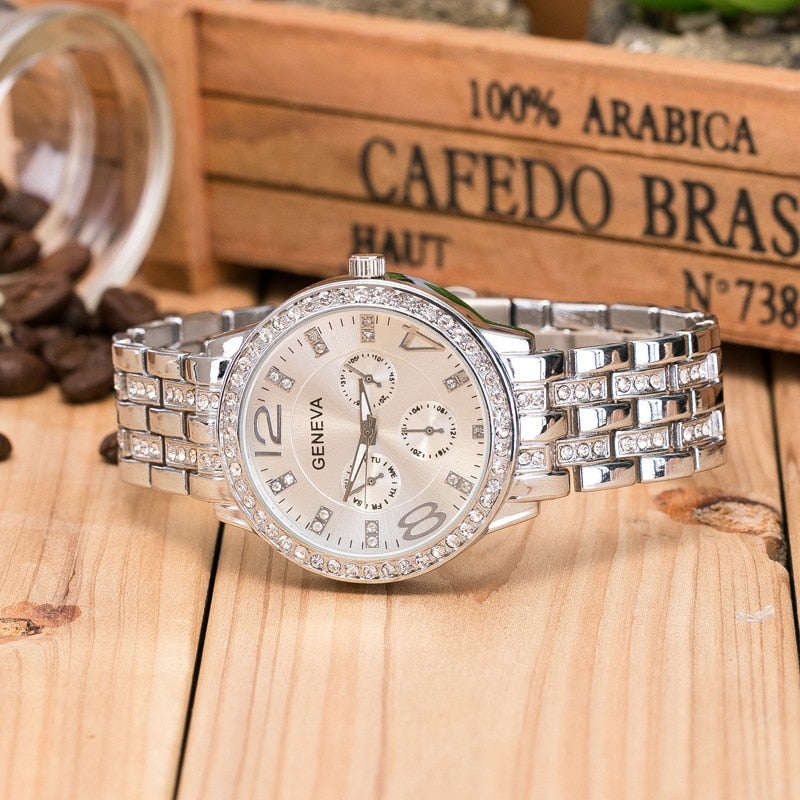 Luxury Geneva Brand Women Gold Stainless Steel Quartz Watch