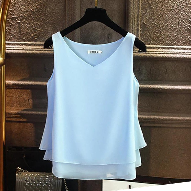 Summer Sleeveless Chiffon Shirt Solid V-neck Casual Blouse