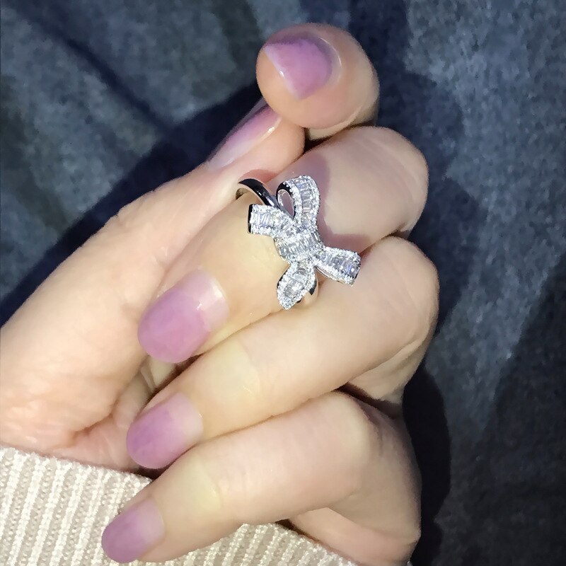 Silver Color Bowknot Bow Knot Bling Zircon Stone Ring