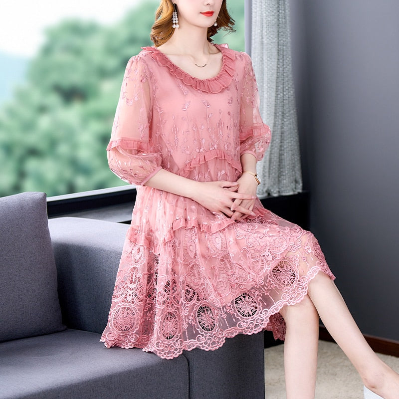 Women's Silk Embroidered Dress 2022 Summer New Large Size Loose Tight Printed Swing Skirt High End Elegant Party Skirt Vestidos