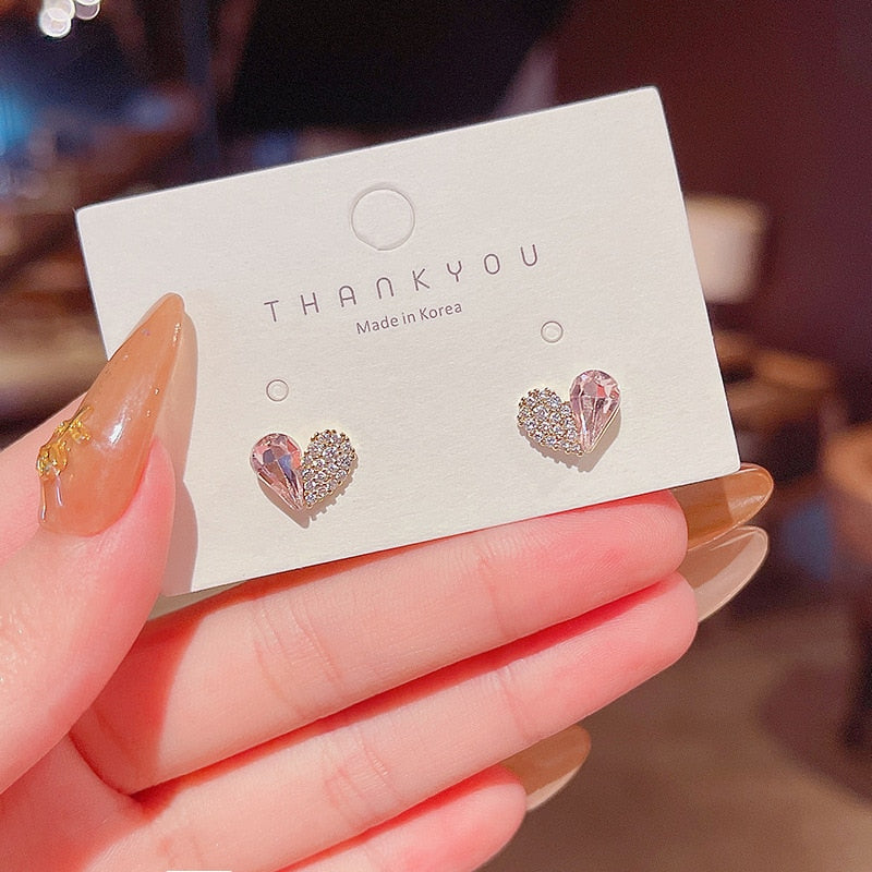 Fashion Rhinestone Stitching Heart Small Stud Earrings Pink Girls Daily Wear Earrings Girl Gift Jewelry 2022