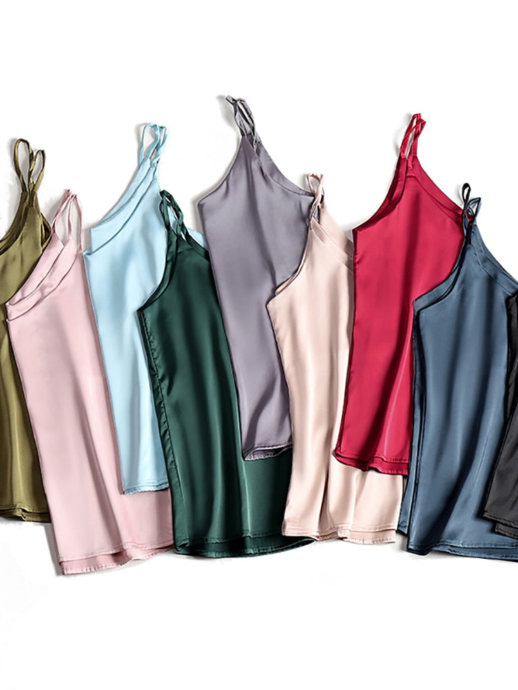 Spaghetti Strap Halter V Neck Sleeveless Satin Silk Tank Top