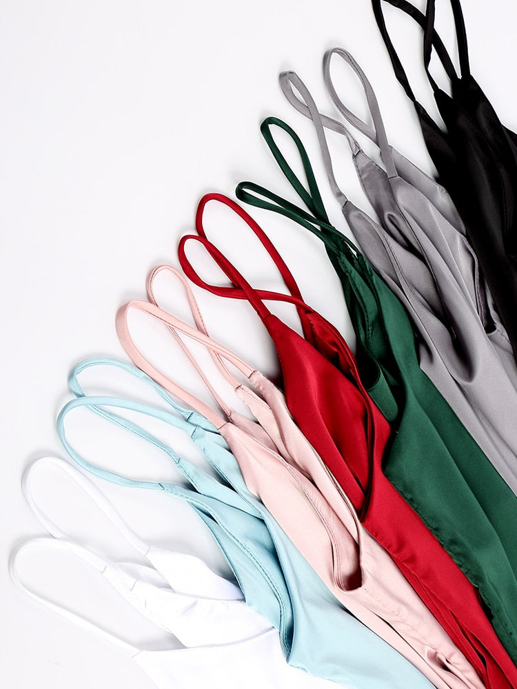 Spaghetti-band Halter V-nek Mouwlose satyn-sy-tenktop