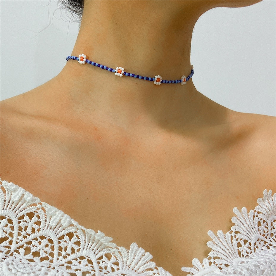 Salircon Trend Bohemia Rainbow Color Seed Beads Chain Choker Necklace
