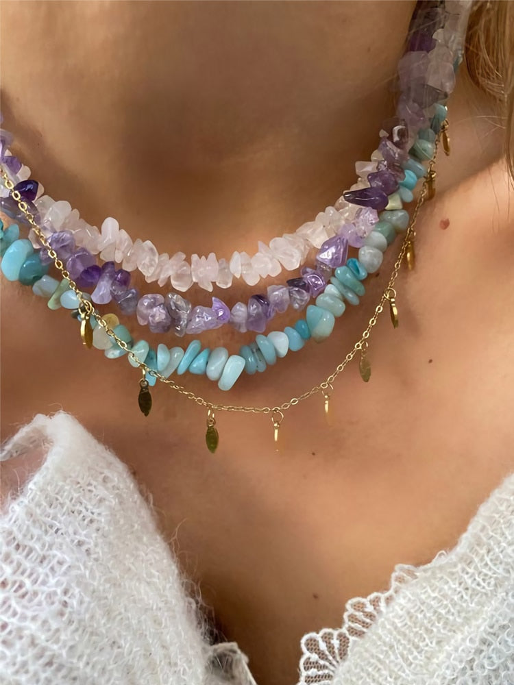 Colorful Natural Stones Choker Bohemia Gravel Beaded Grunge Necklace