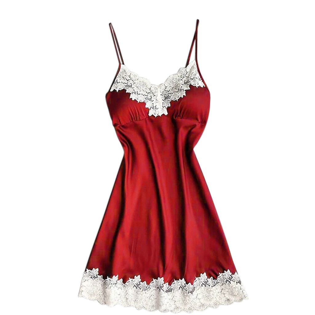 V-neck Ladies Sexy Silk Satin Night Dress Sleeveless Nighty