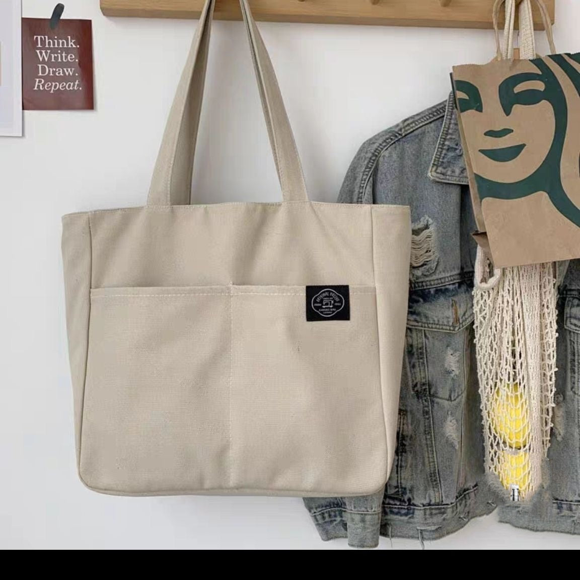 ZHE JIANG Large Capacity Cotton Reusable Canvas Tote Bag