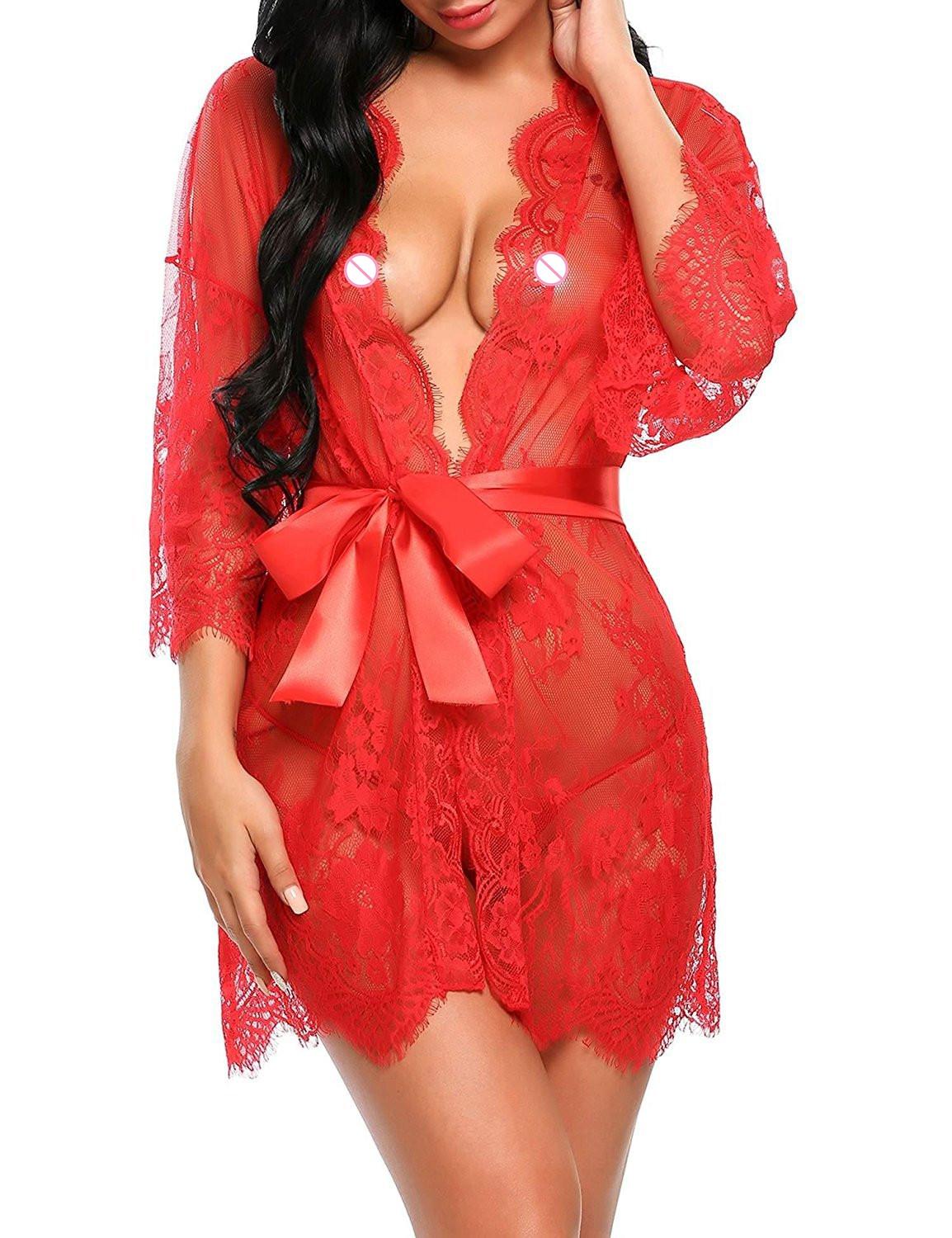 Bandage Deep V G-String See Through Sexy Sheer Sleep Dress Robe