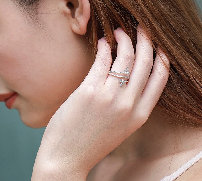 2022 NEW Fashion Double Butterfly Silver Clear Zircon Lab Diamond Ring