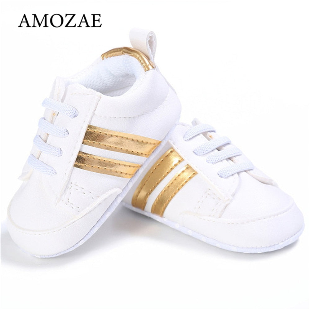 Baby Shoes Newborn Boys Sneaker Girls Two Striped First Walkers Kids Toddlers Lace Up PU Leather Soft Soles Sneakers 0-18 Months - Jeglowstore