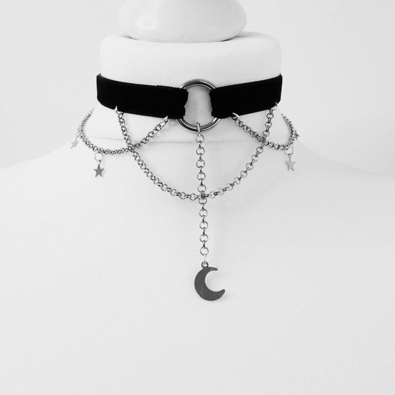 Goth Dainty Chain Crescent Moon and Stars Choker Witch Necklace