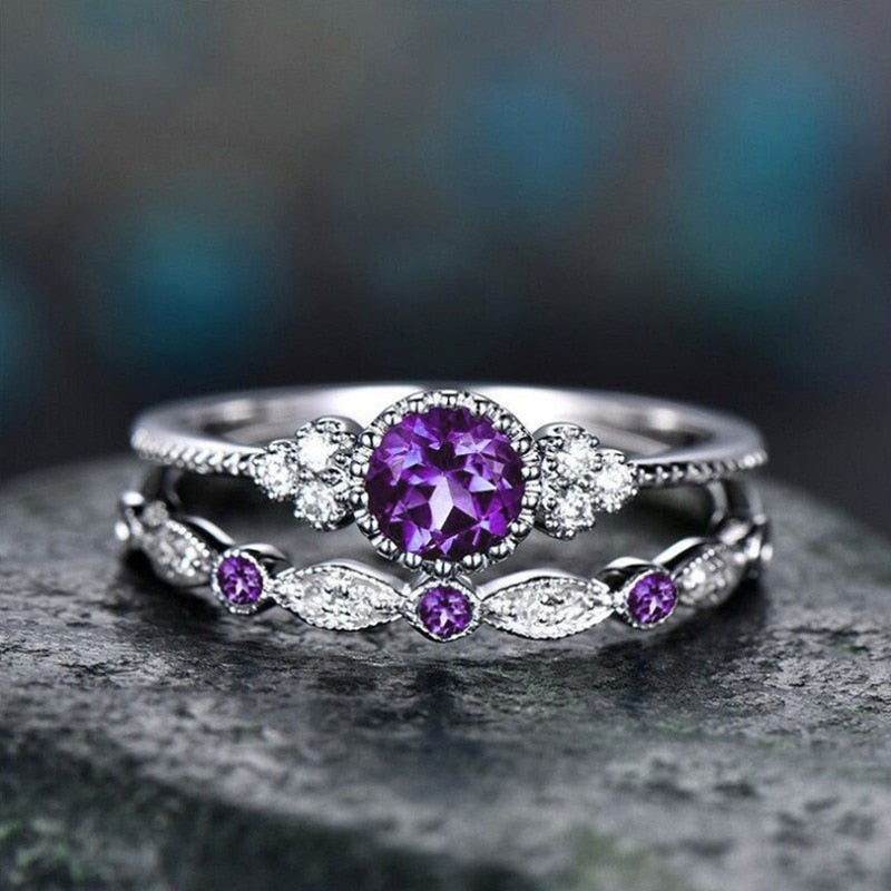 2Pcs/Set Classic Silver Plated Cut Created Birthstone Delicate Ring
