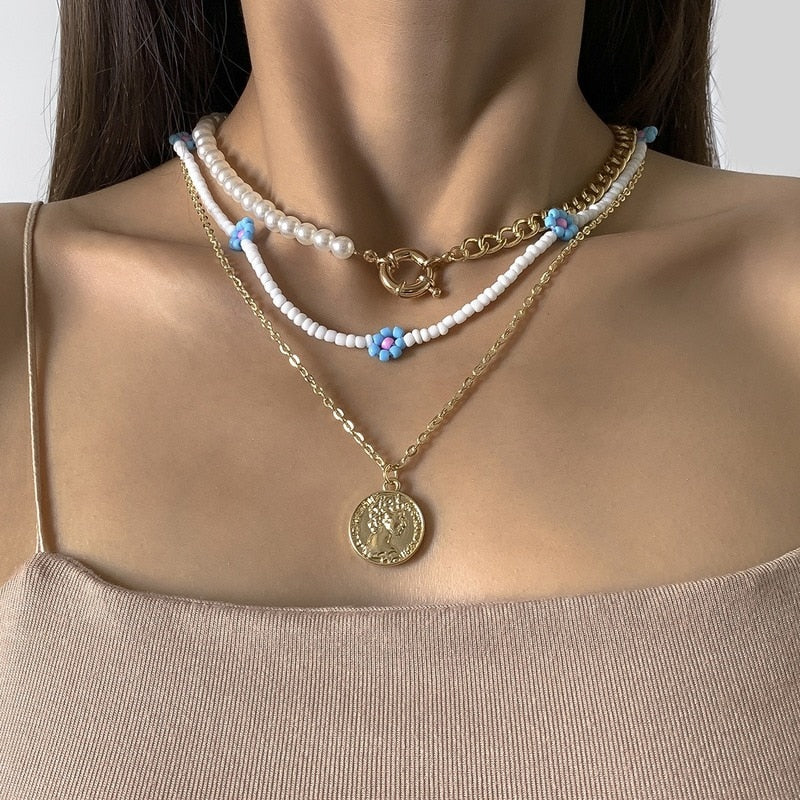 Bohemian Colorful Beads Shell Heart Layered Necklace For Women